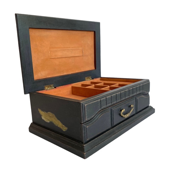Vntg Wood‎ Jewelry Box Hand Painted Unisex Sunflower Black Commodore by Rosalco - Picture 3 of 9